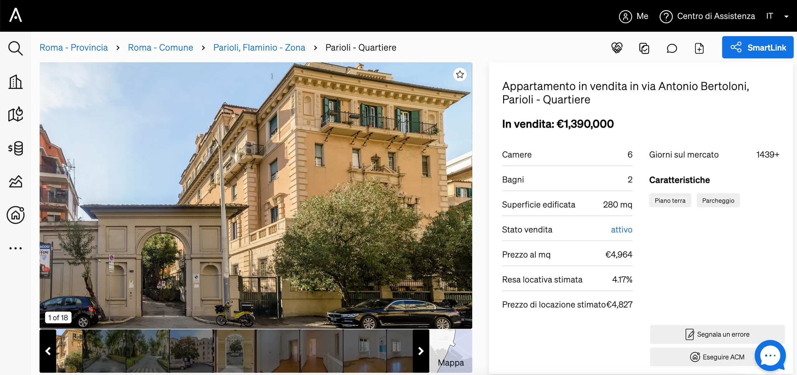 rendimenti locativi di un immobile visualizzati nella pagina degli immobili di CASAFARI