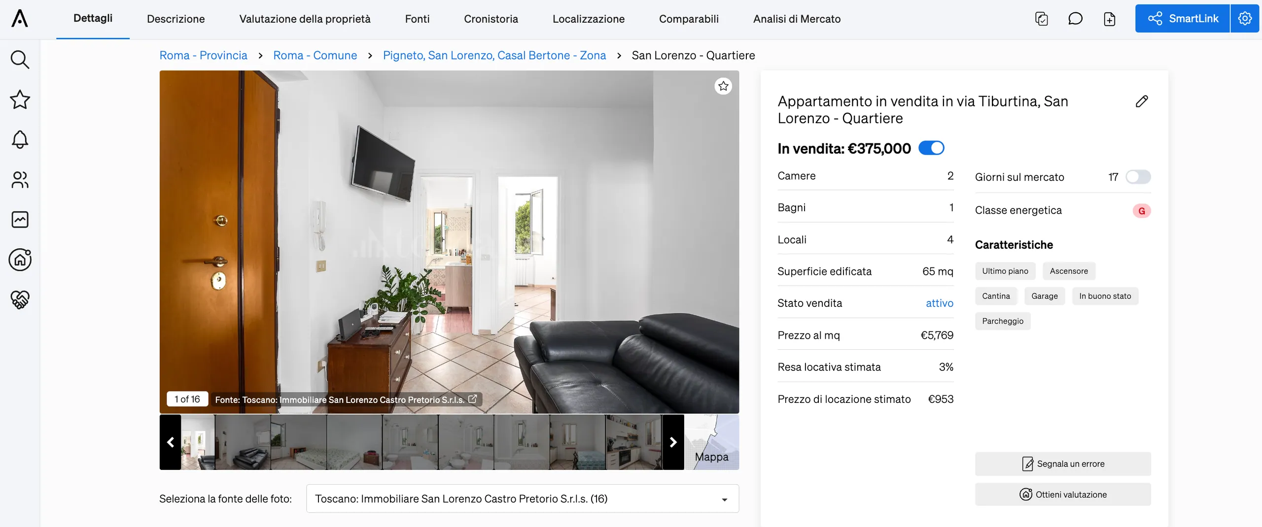 dettagli di una proprietà all'interno della pagina delle proprietà di CASAFARI