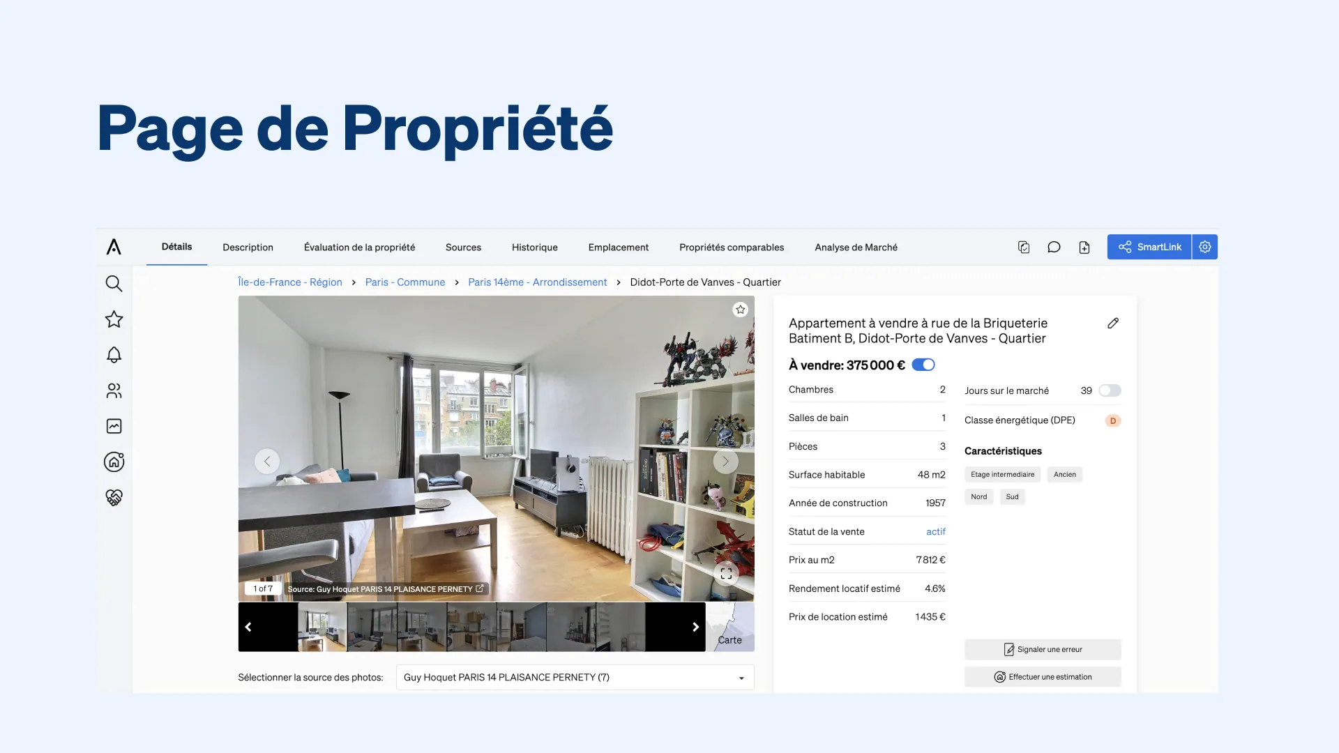 Aperçu de la page d'un bien immobilier sur CASAFARI affichant un appartement à Paris avec son prix de 375 000 € et ses caractéristiques.