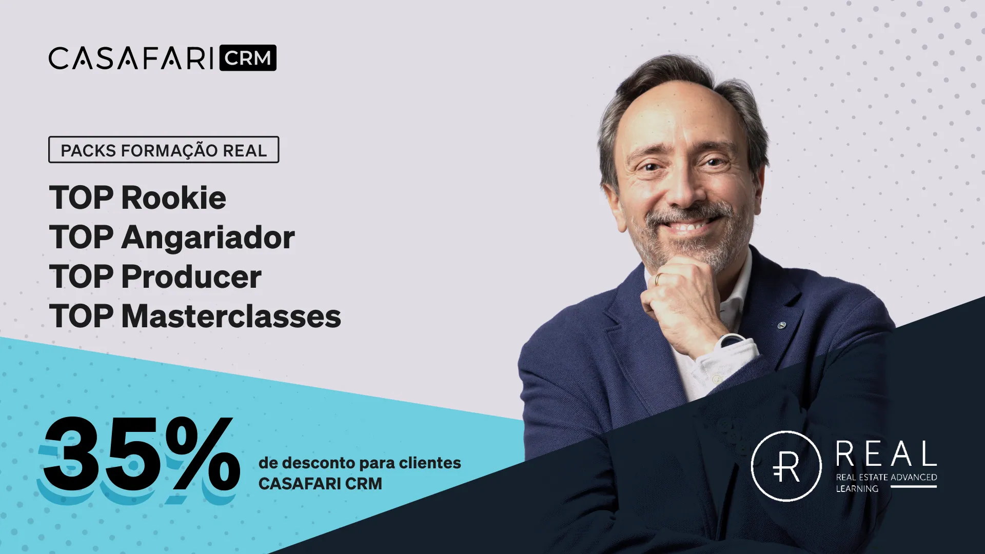 Real estate training partnership between CASAFARI CRM and Massimo Forte's Academia REAL, with 35% discount for clients.