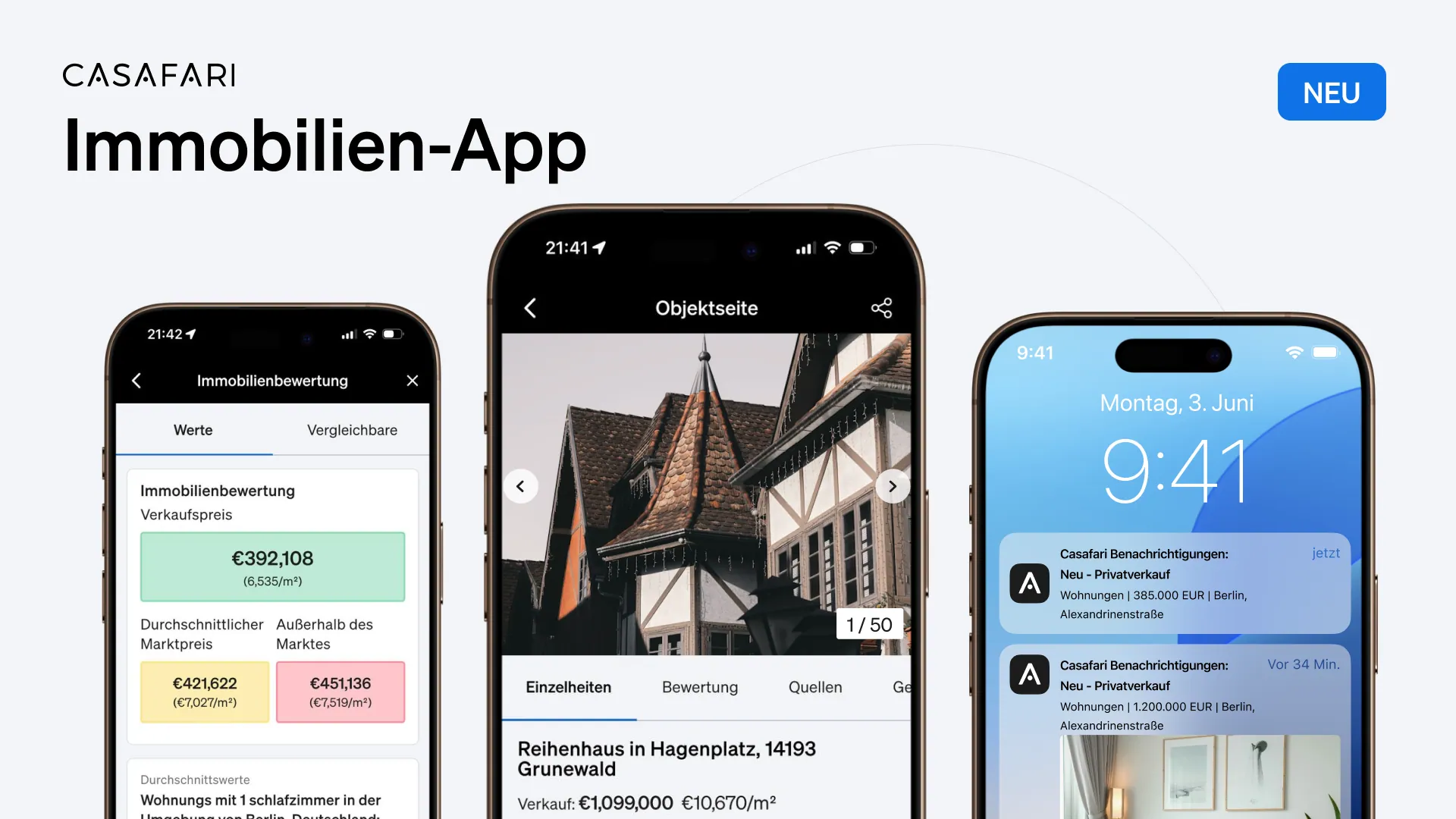 Übersicht der mobilen App CASAFARI AI mit Funktionen für Immobilienbewertung, Objektanalyse und Benachrichtigungen.