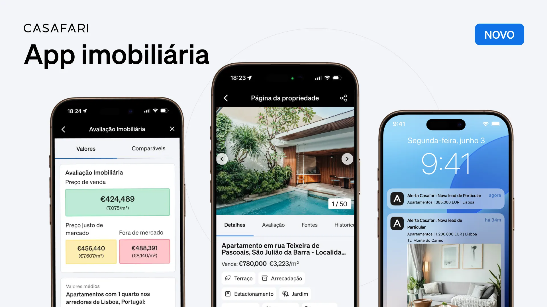 Ecrãs da aplicação móvel CASAFARI AI com funcionalidades de avaliação imobiliária, detalhes de imóvel e alertas de particulares.