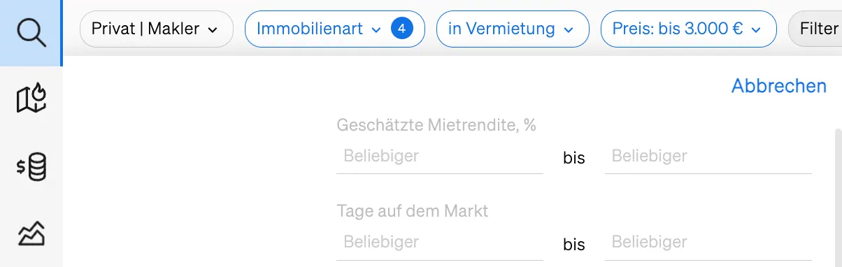 Mietertragsfilter in CASAFARI's Immobiliensuche