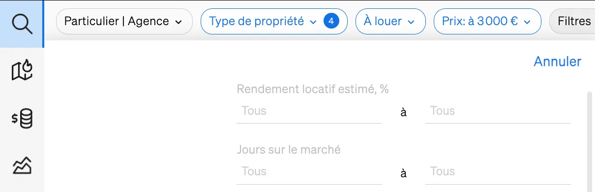 Filtre de rendement locatif dans la recherche de biens immobiliers de CASAFARI