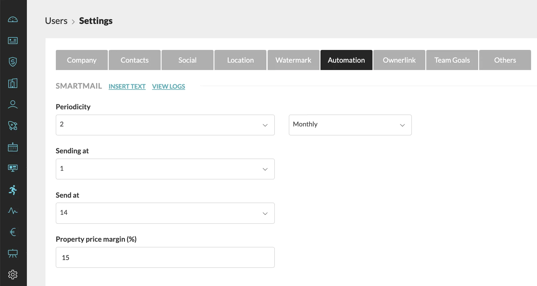 Setting up a smartmail inside CASAFARI CRM: choosing the frequency and a property price margin