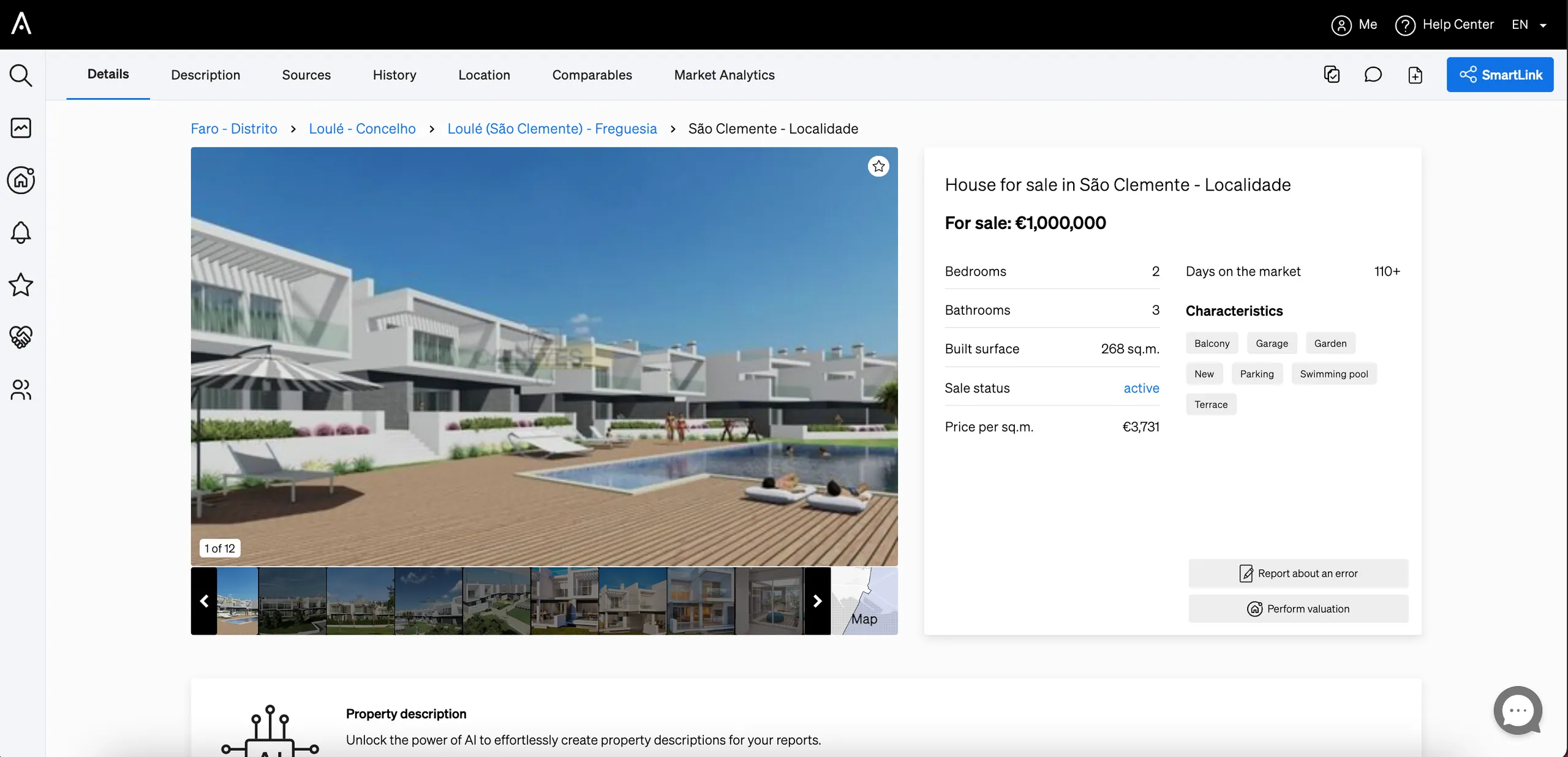 Button to create a Smartlink positioned at the top right corner of a property page inside CASAFARI