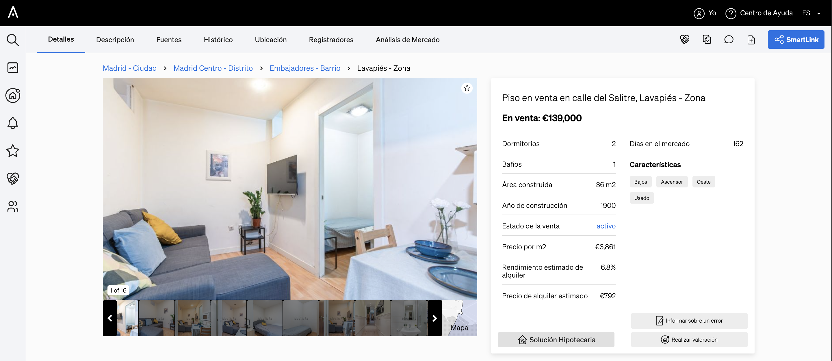 Botón para crear un Smartlink situado en la esquina superior derecha de la página de una propiedad dentro de CASAFARI