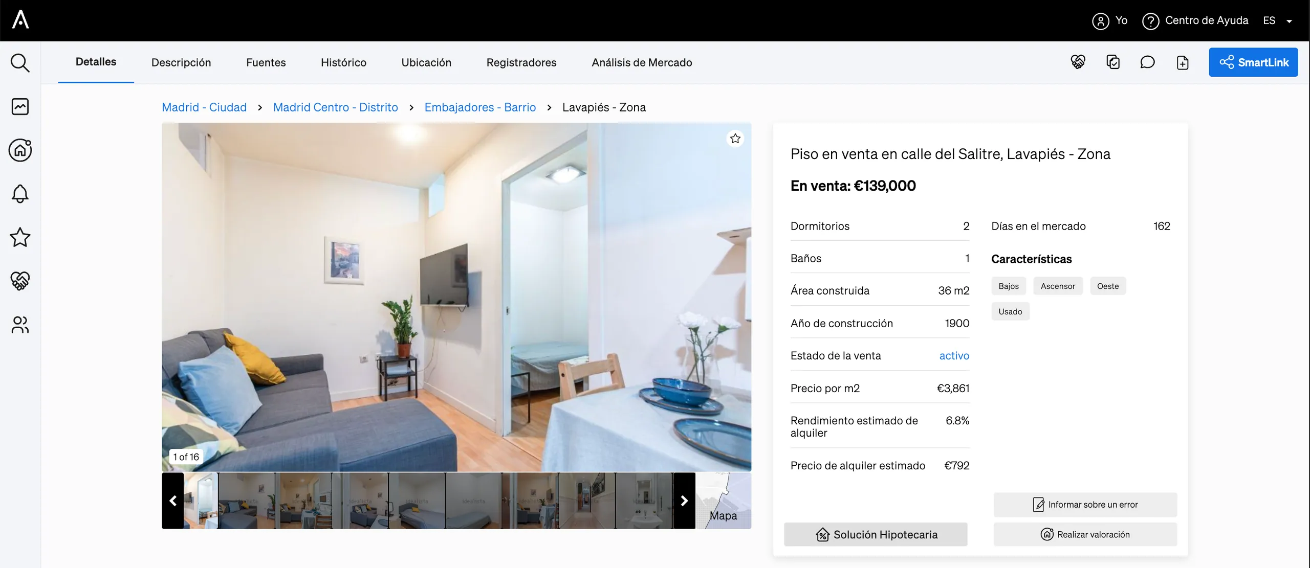Botó per crear un Smartlink situat a la cantonada superior dreta de la pàgina d'una propietat dins de CASAFARI