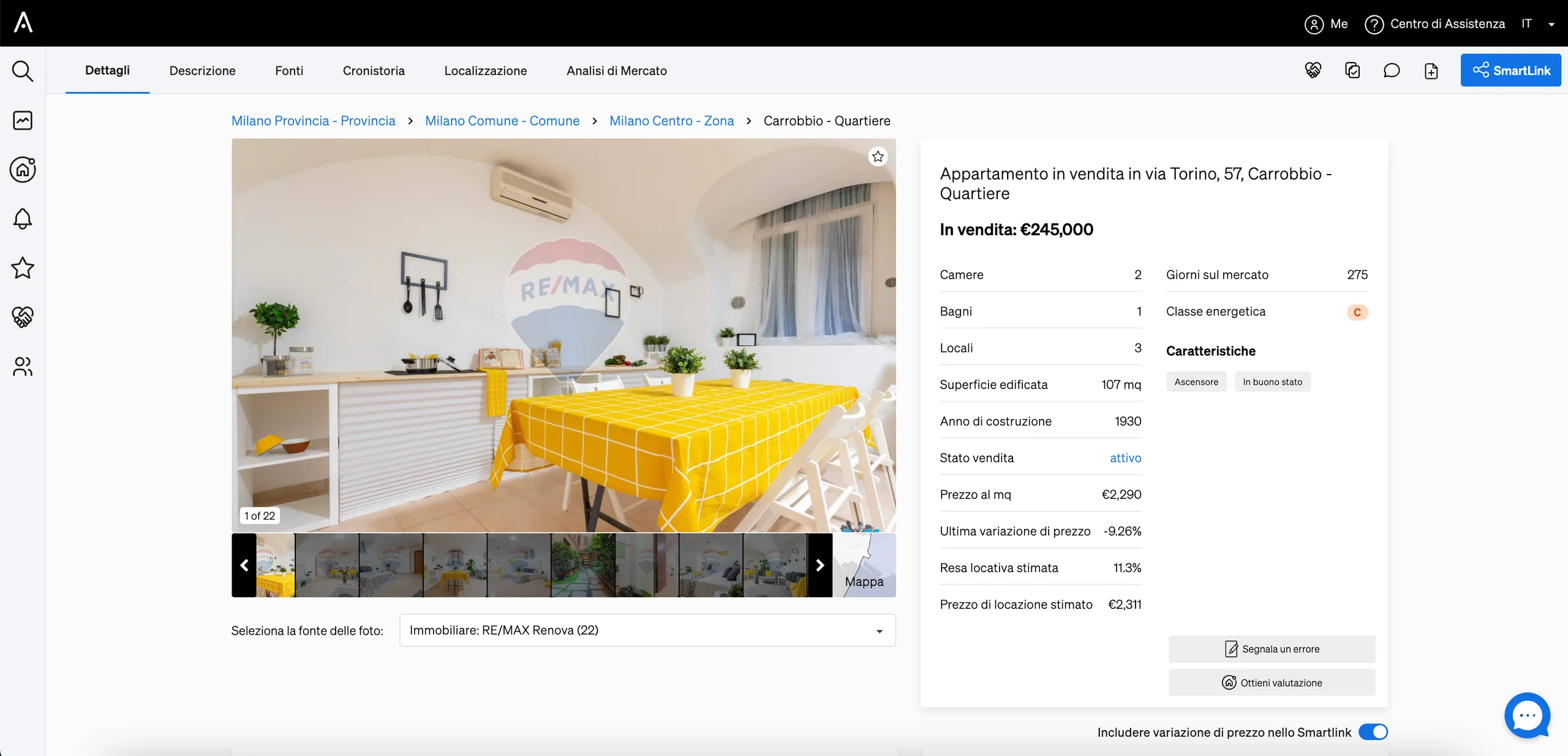Pulsante per creare uno Smartlink posizionato nell'angolo in alto a destra di una pagina di proprietà all'interno di CASAFARI