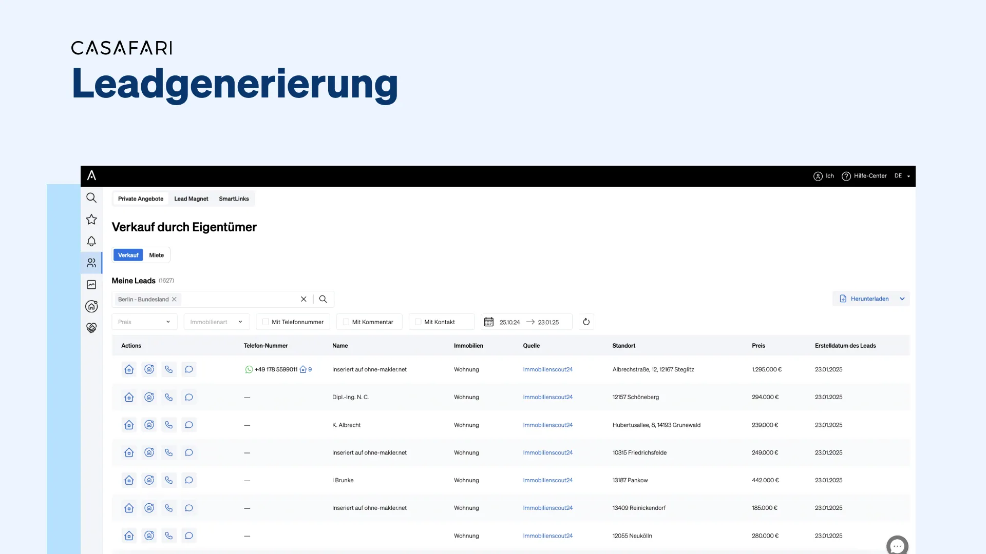 Benutzeroberfläche der CASAFARI Leadgenerierung mit einer Liste von Eigentümerangeboten in Berlin.