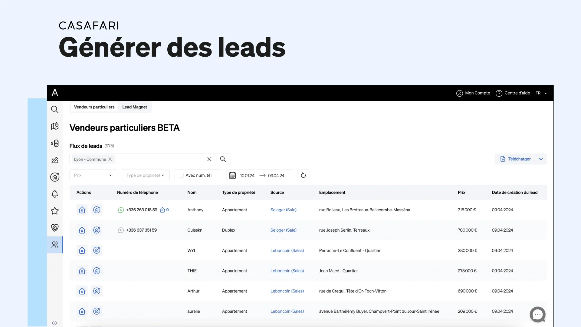 Produits de génération de leads CASAFARI