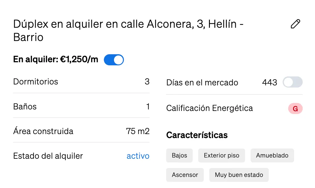 Días en el mercado, como se muestra dentro de la Página de Propiedades de CASAFARI