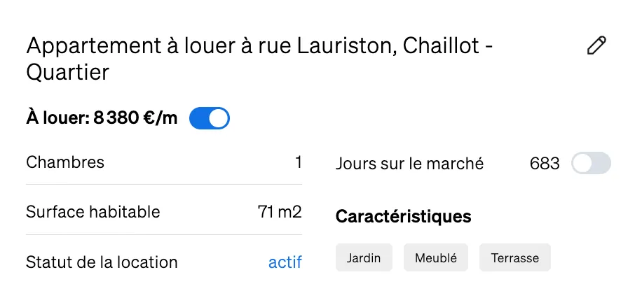 Jours sur le marché, comme indiqué sur la page de propriété de CASAFARI