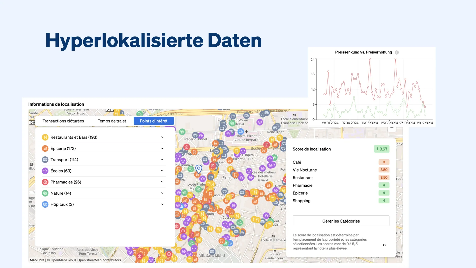 Hyperlokalisierte Immobilienmarktanalyse und Objektdaten auf einer Karte in CASAFARI